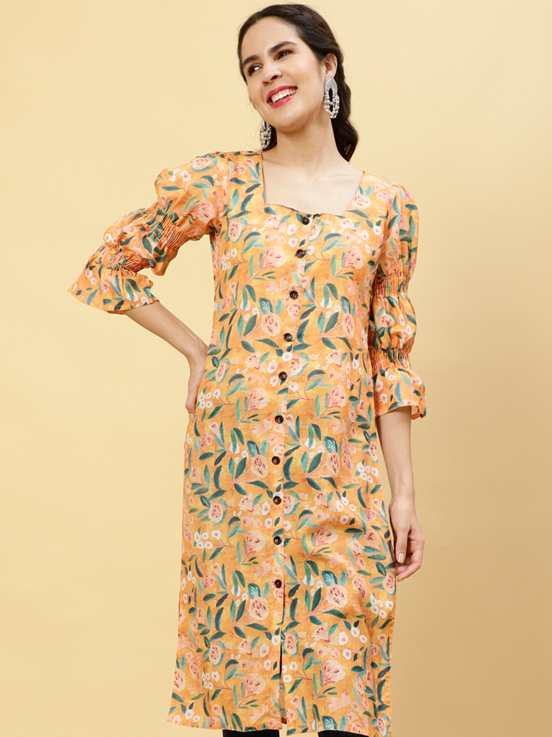 

Jaipur Kurti Floral Printed Bell Sleeves Casual Straight Kurta, Yellow