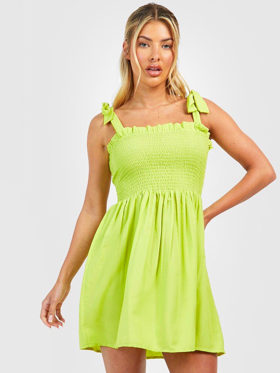 

Boohoo Shoulder Straps Smocked A-Line Dress, Lime green