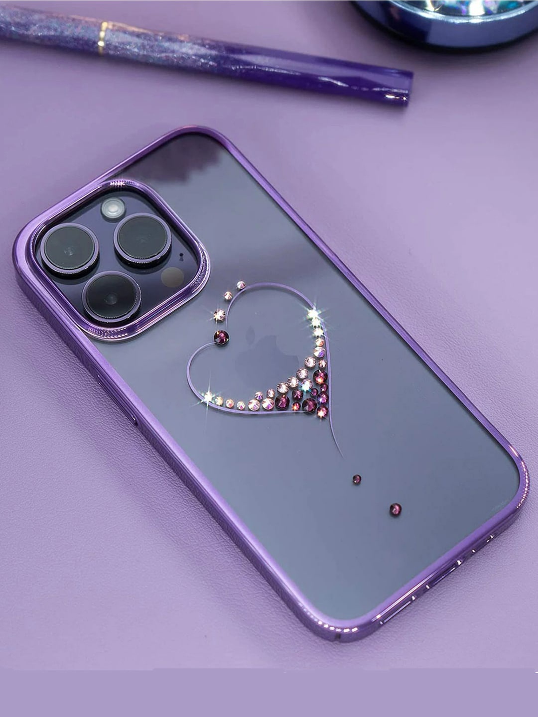 

TREEMODA iPhone 14 Promax Cute Heart Clear Protective Shockproof Phone Case, Purple