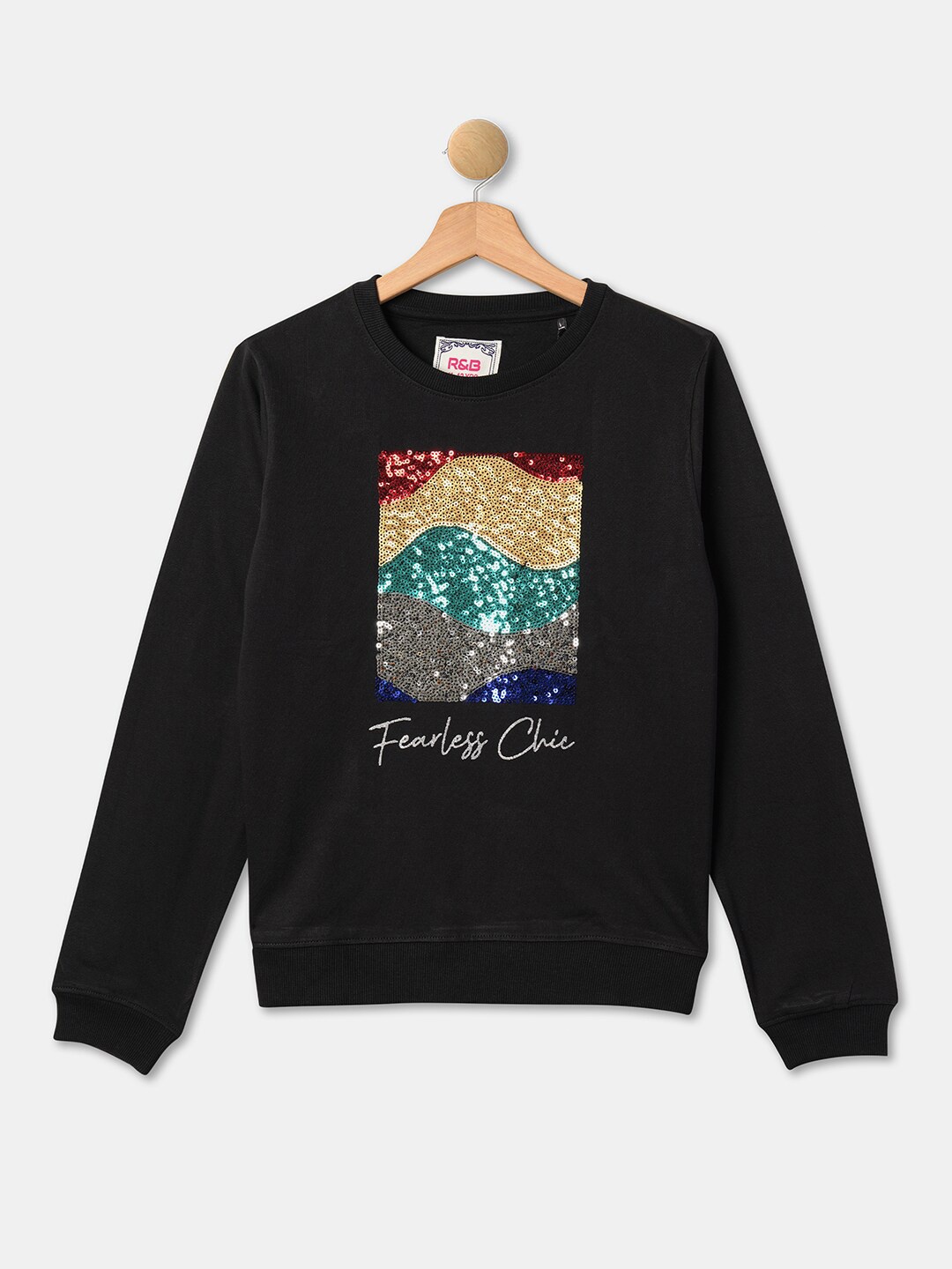 

R&B Girls Embellished Cotton Round Neck Pullover, Black