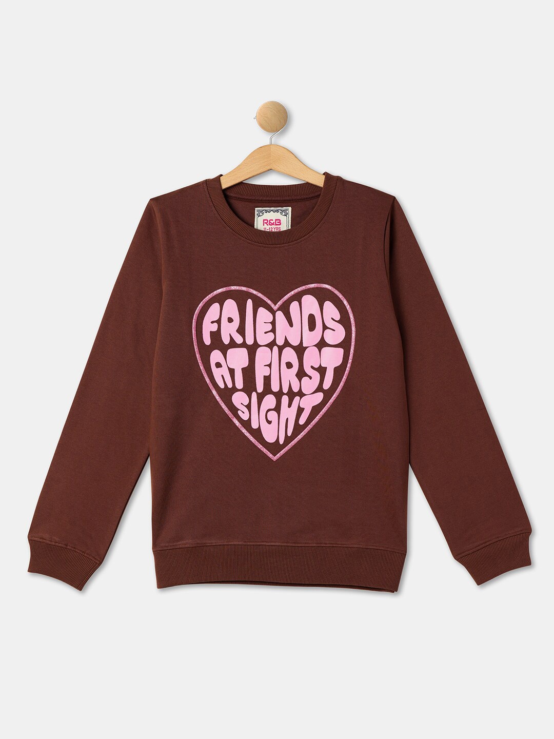 

R&B Girls Typography Printed Cotton Round Neck Pullover, Brown