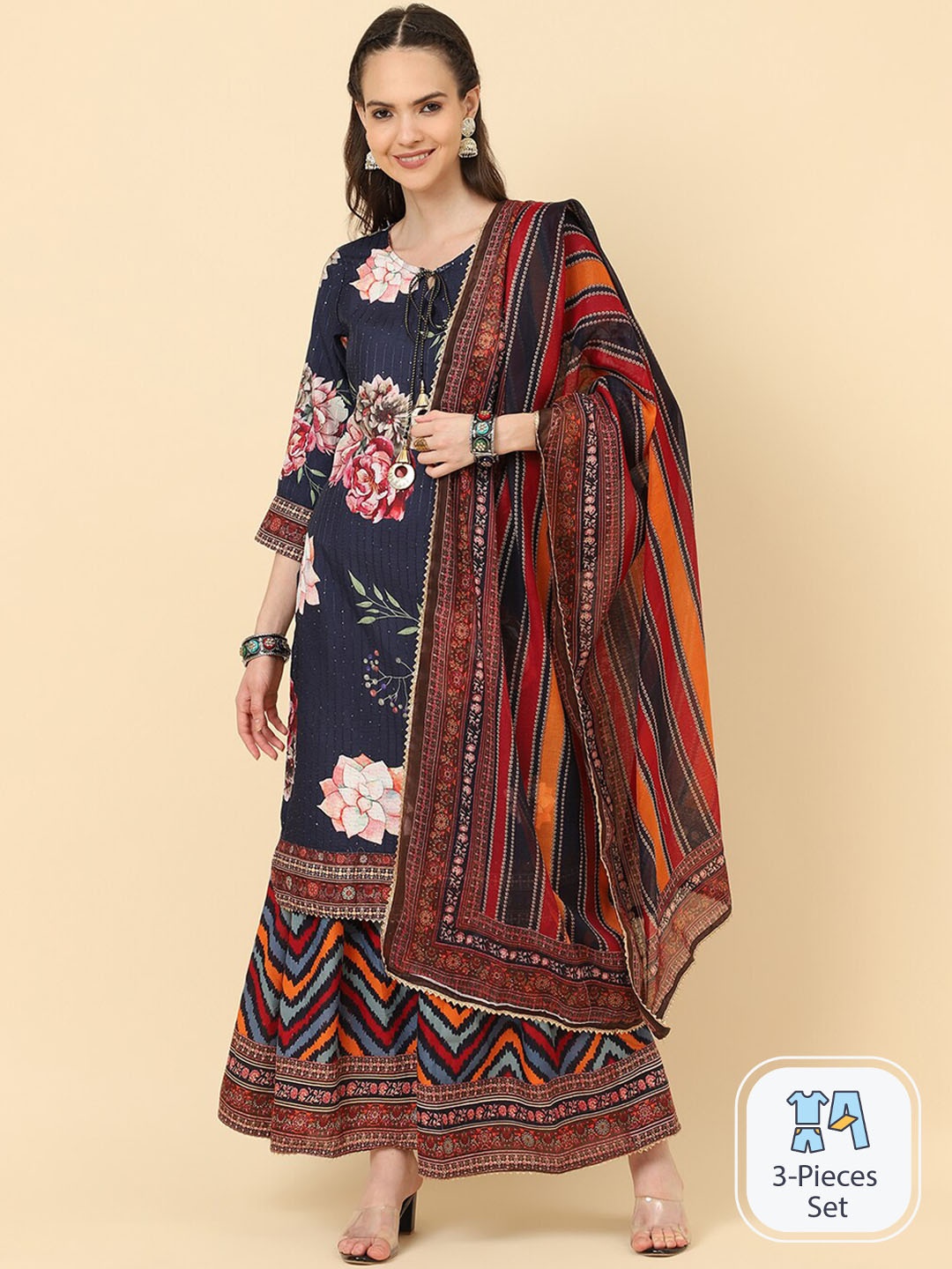 

KALINI Floral Printed Regular Kurta with Trousers & With Dupatta, Black