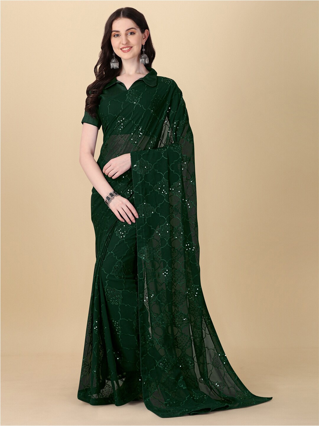 

Fab Dadu Sequinned Pure Georgette Saree, Green