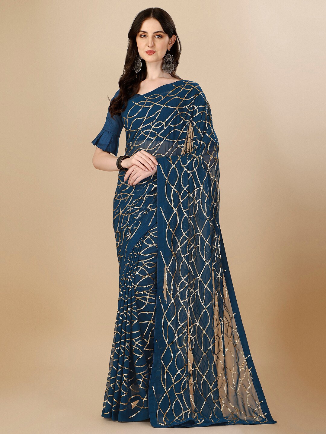 

Fab Dadu Sequinned Pure Georgette Saree, Teal
