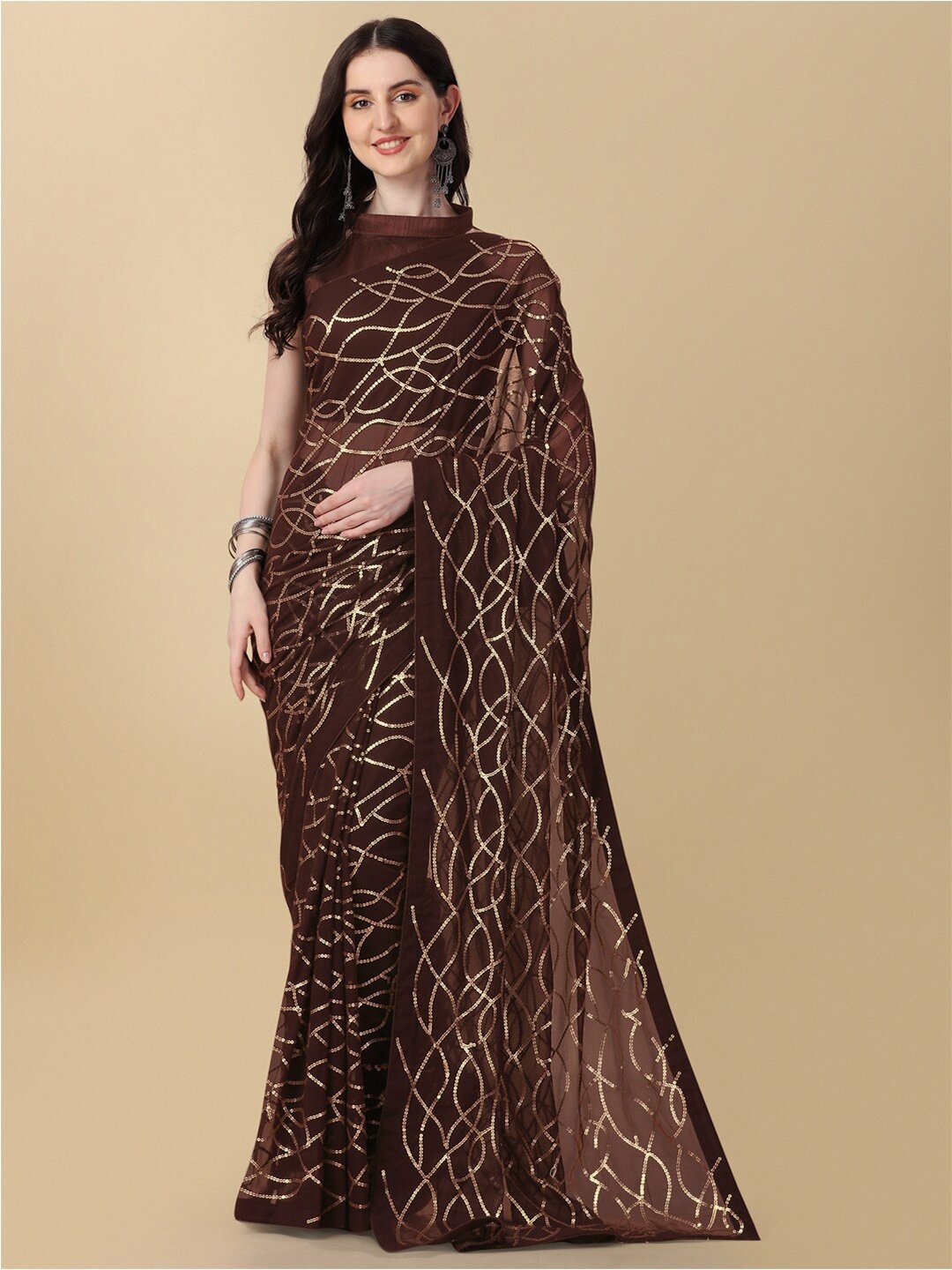 

Fab Dadu Sequinned Pure Georgette Saree, Brown