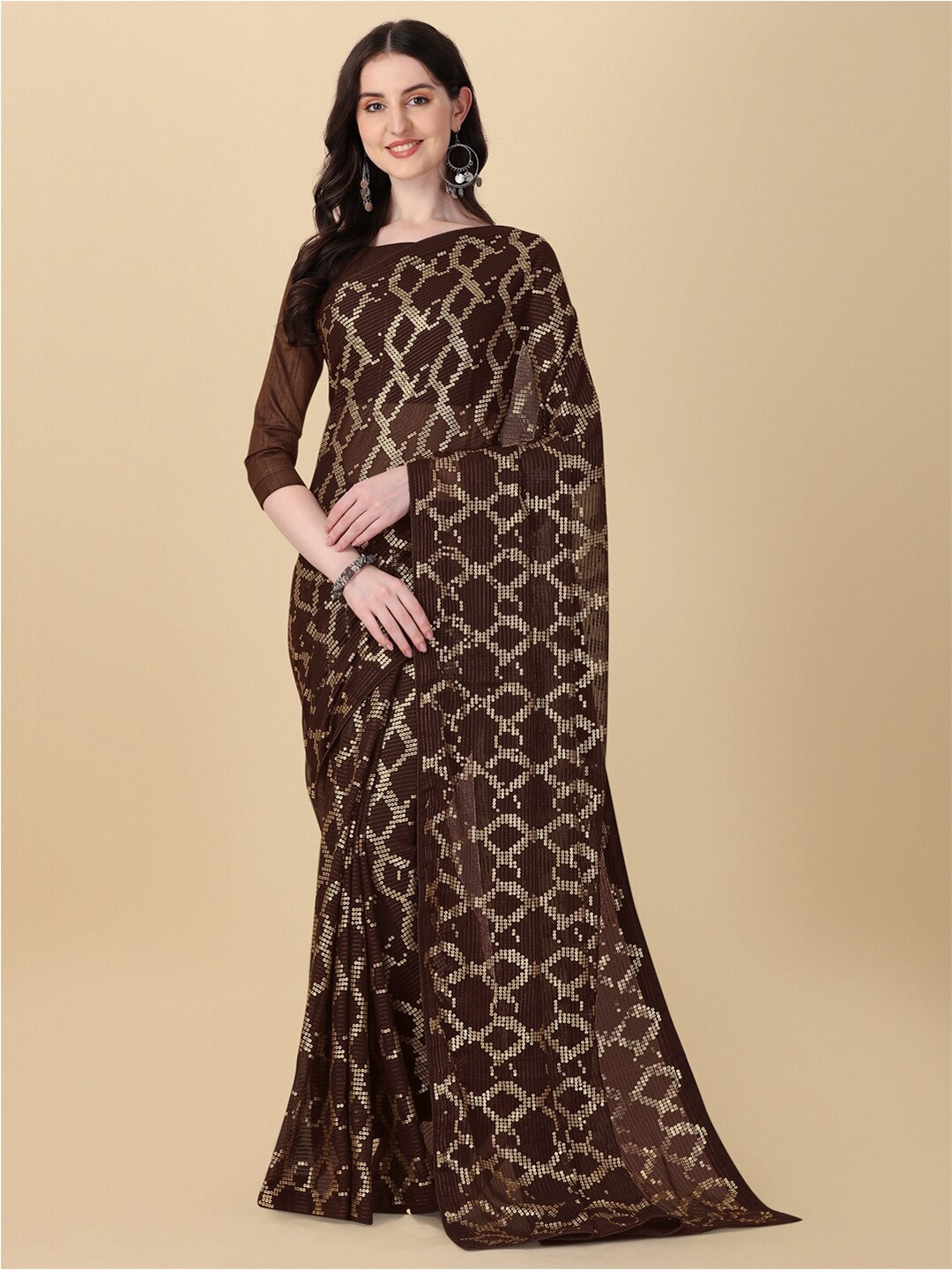 

Fab Dadu Sequinned Pure Georgette Saree, Brown