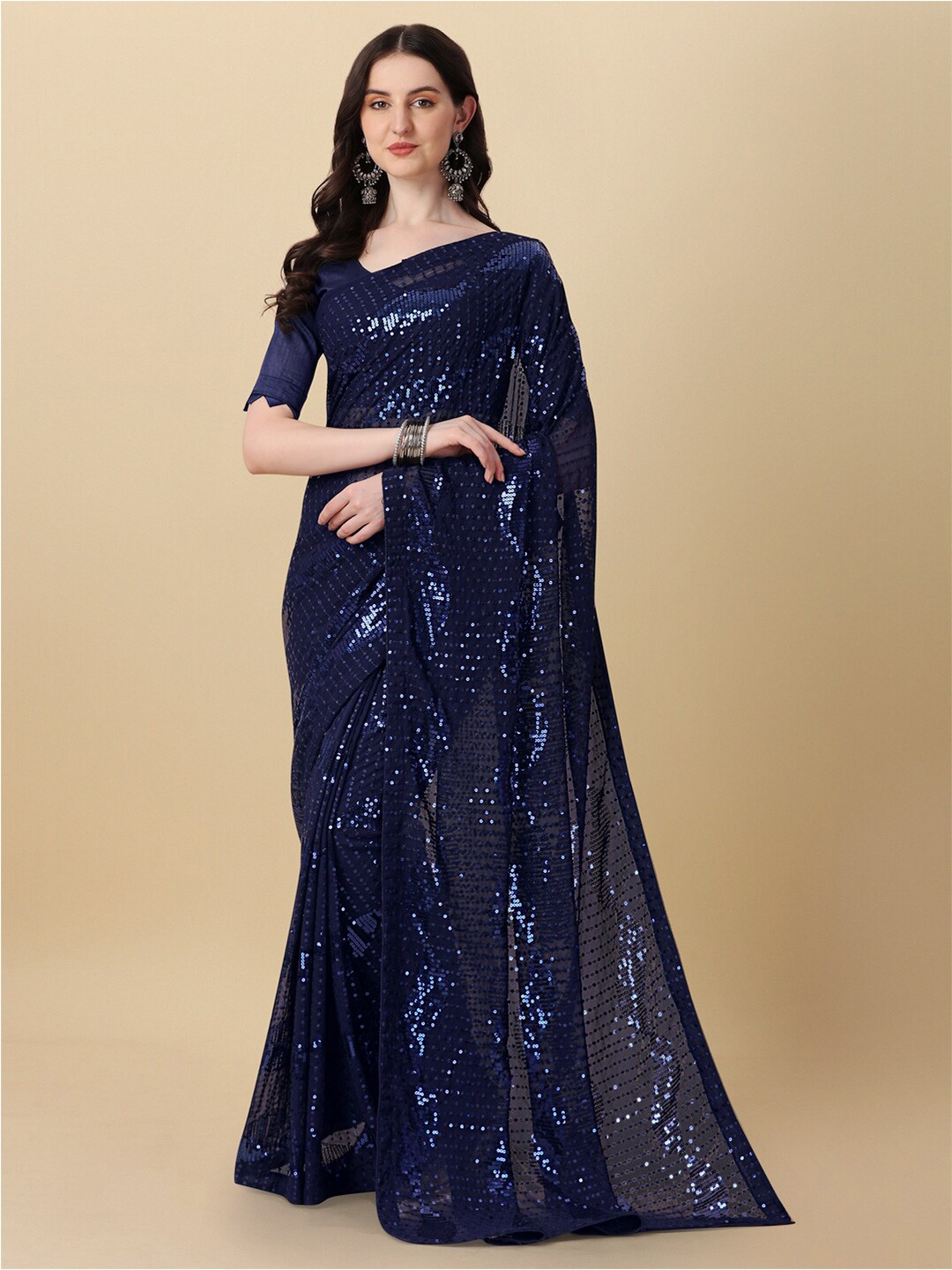 

Fab Dadu Sequinned Pure Georgette Saree, Navy blue