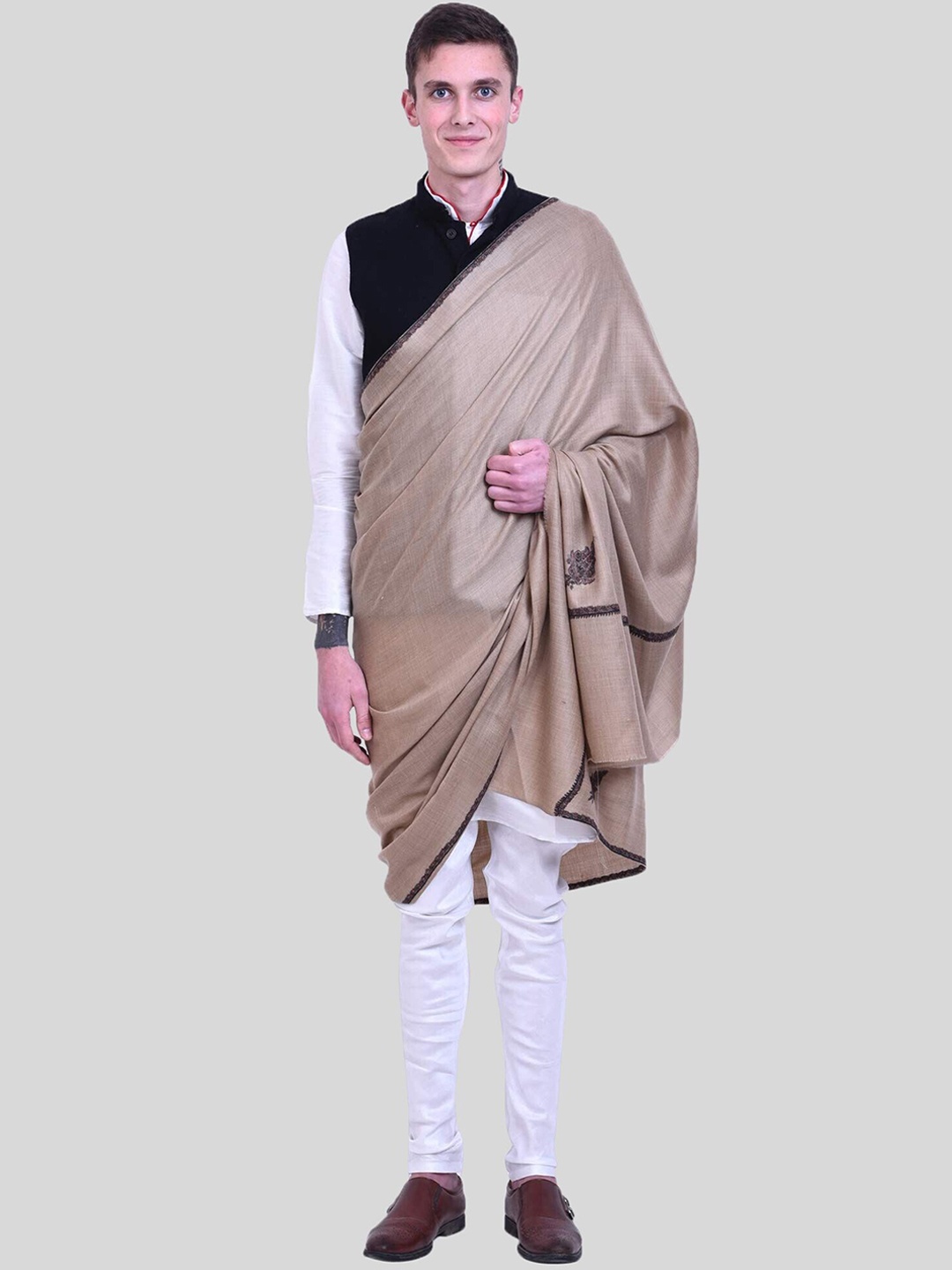 

SWI Stylish Embroidered Woollen Shawl, Beige