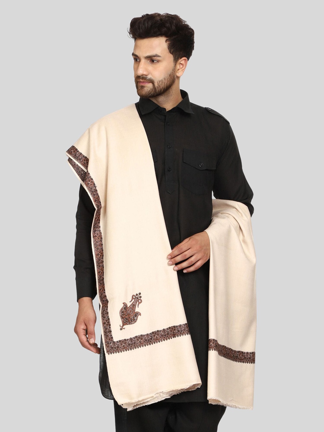 

SWI Stylish Kashmiri Embroidered Woollen Shawl, Beige