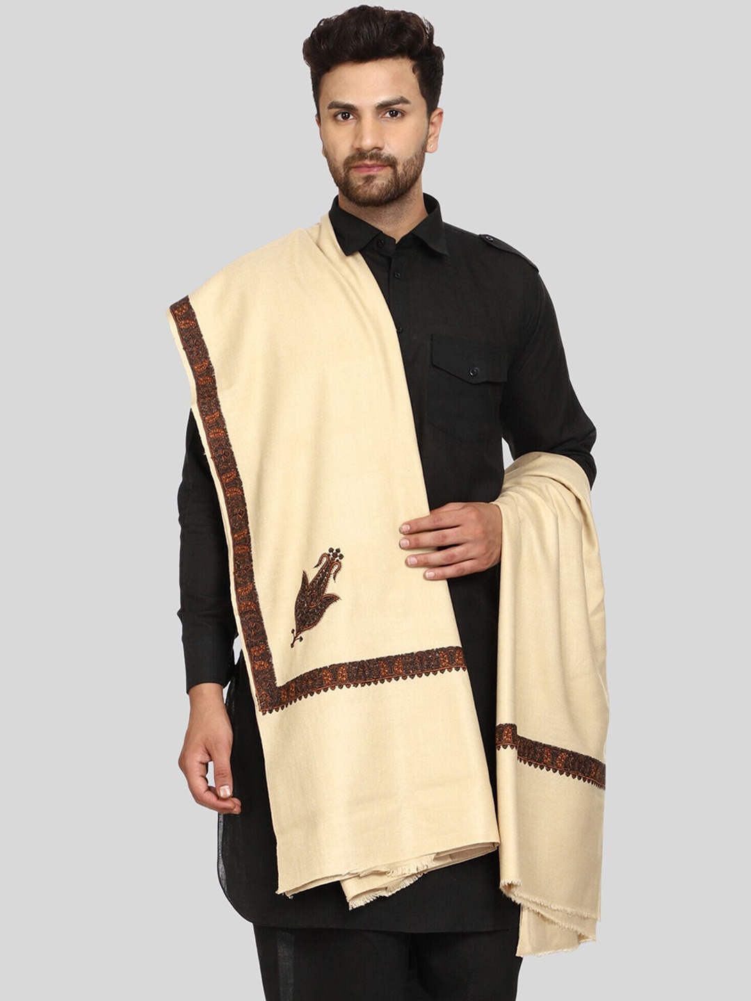 

SWI Stylish Kashmiri Embroidered Wool Shawl, Beige