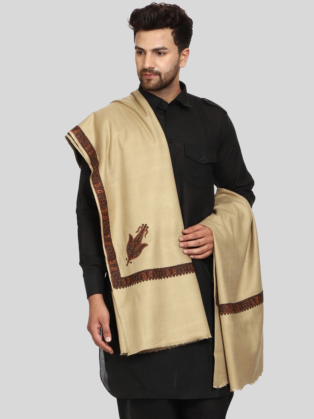 

SWI Stylish Kashmiri Embroidered Woollen Shawl, Beige