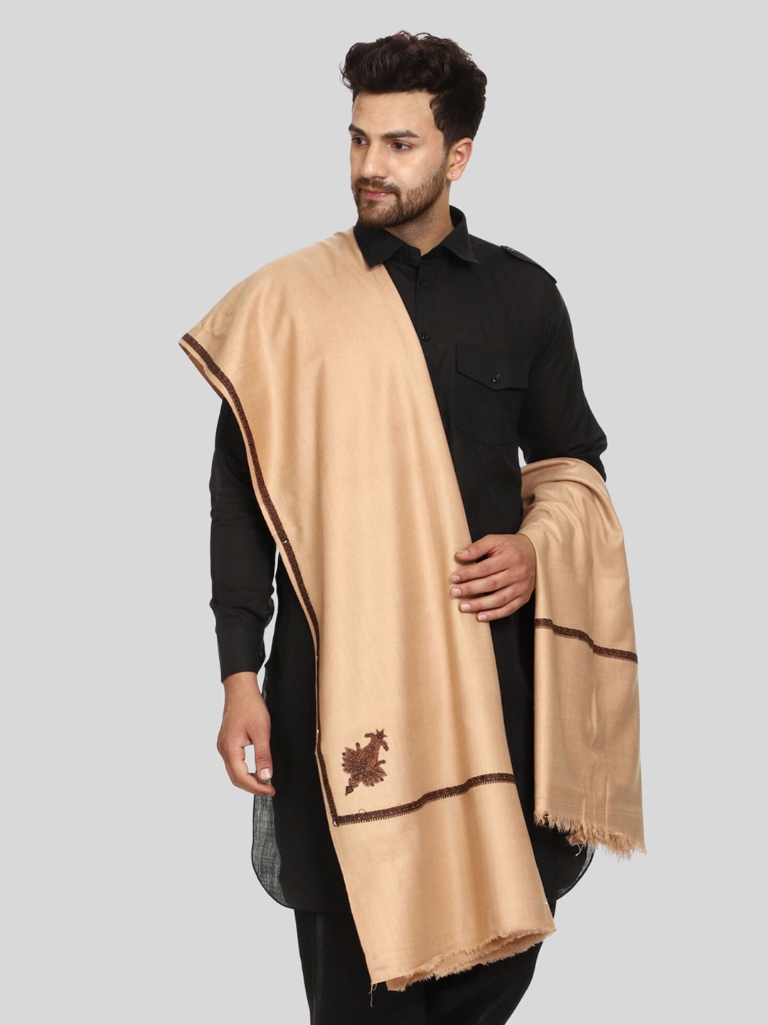 

SWI Stylish Kashmiri Embroidered Design Woolen Shawl, Beige