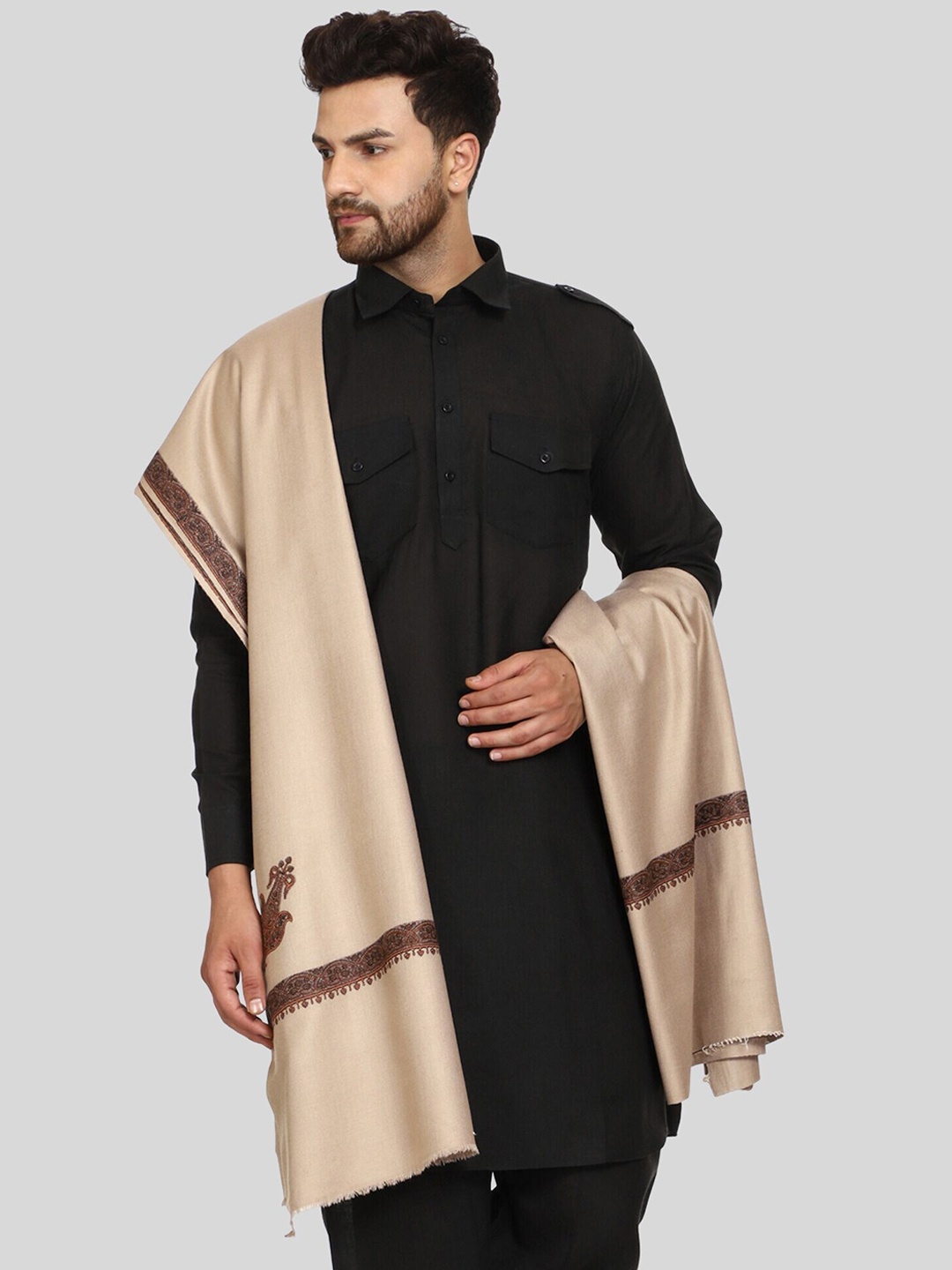 

SWI Stylish Kashmiri Embroidered Woollen Shawl, Brown