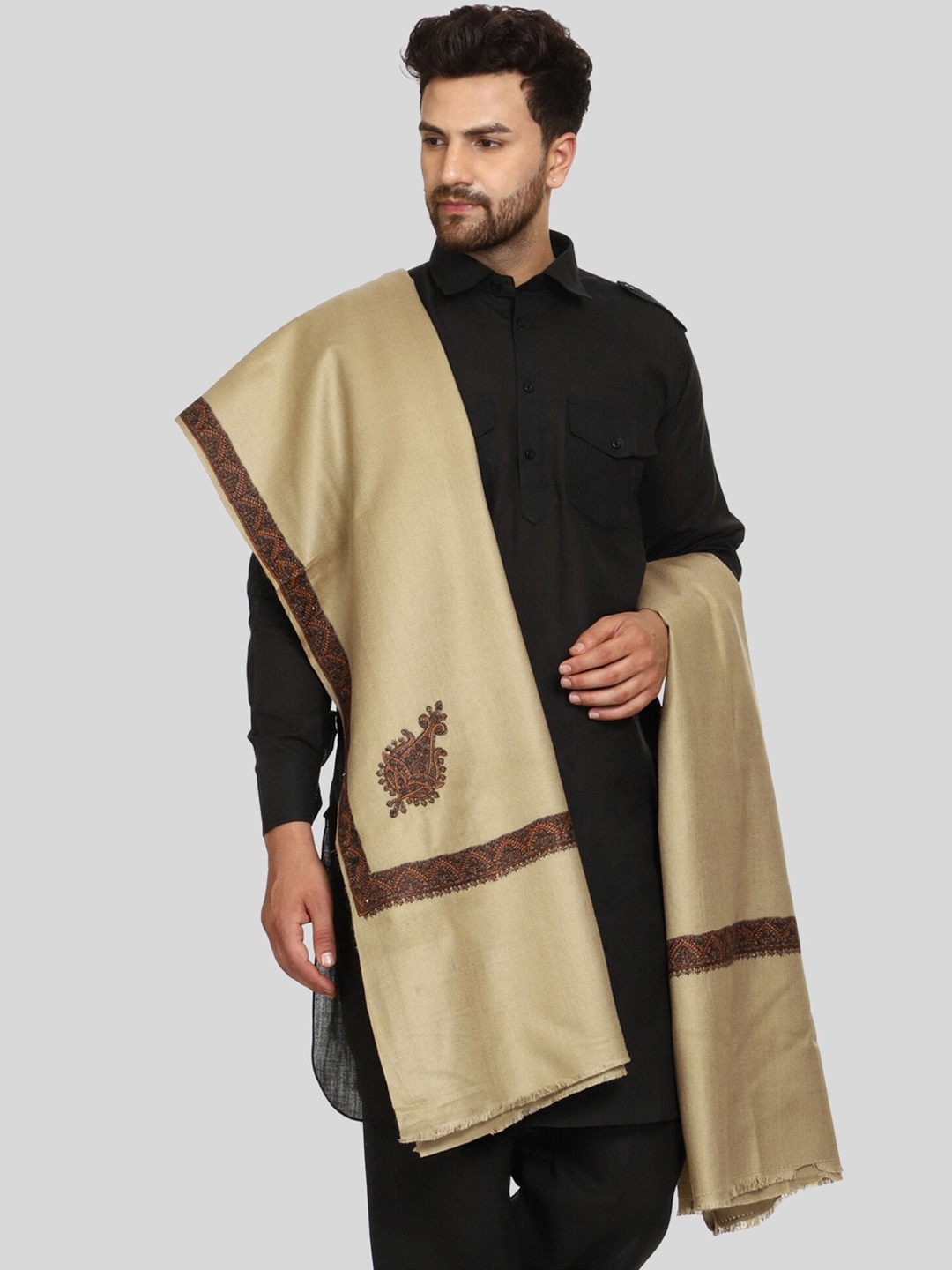

SWI Stylish Kashmiri Embroidered Woollen Shawl, Beige