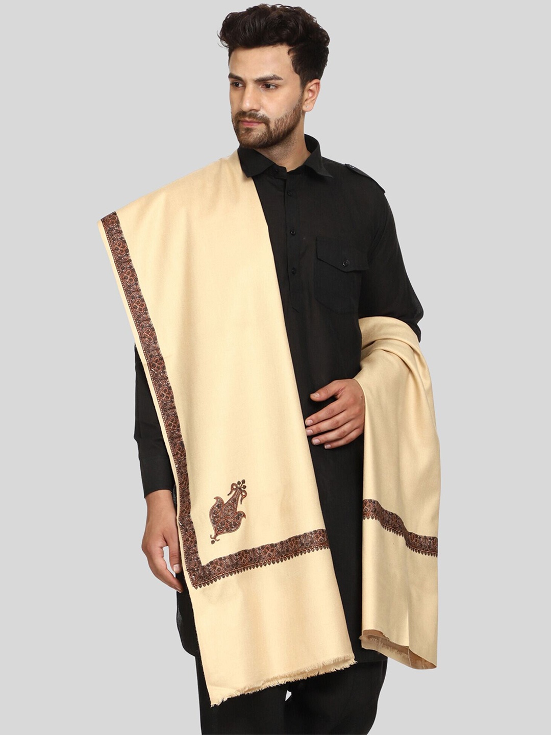 

SWI Stylish Kashmiri Embroidered Wool Shawl, Beige