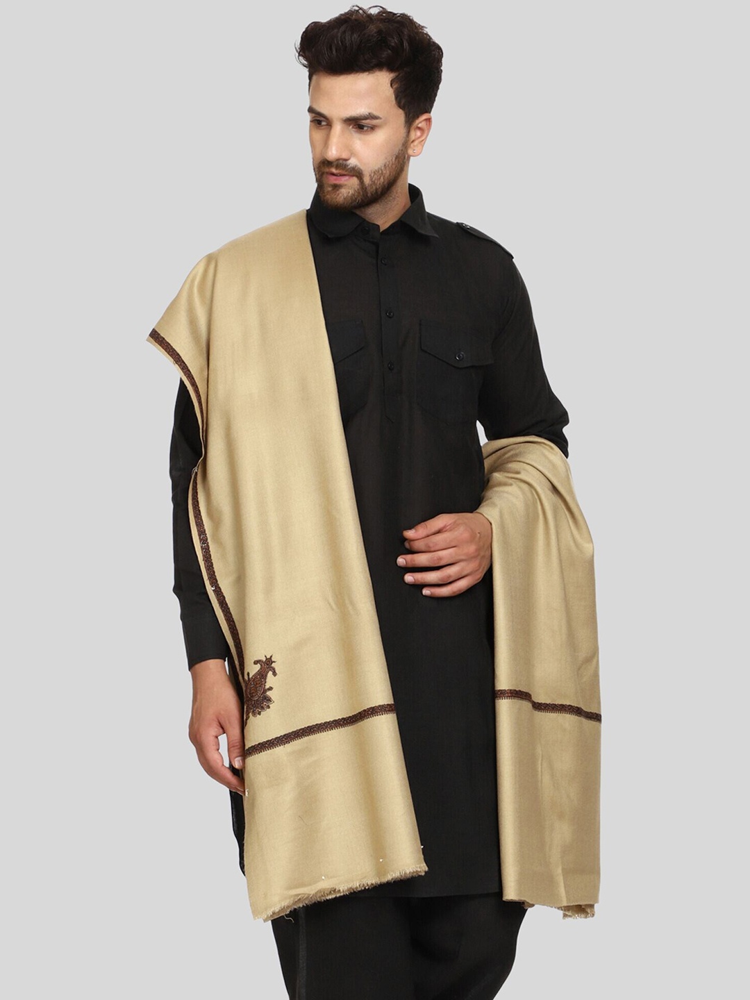 

SWI Stylish Kashmiri Embroidered Woollen Shawl, Beige
