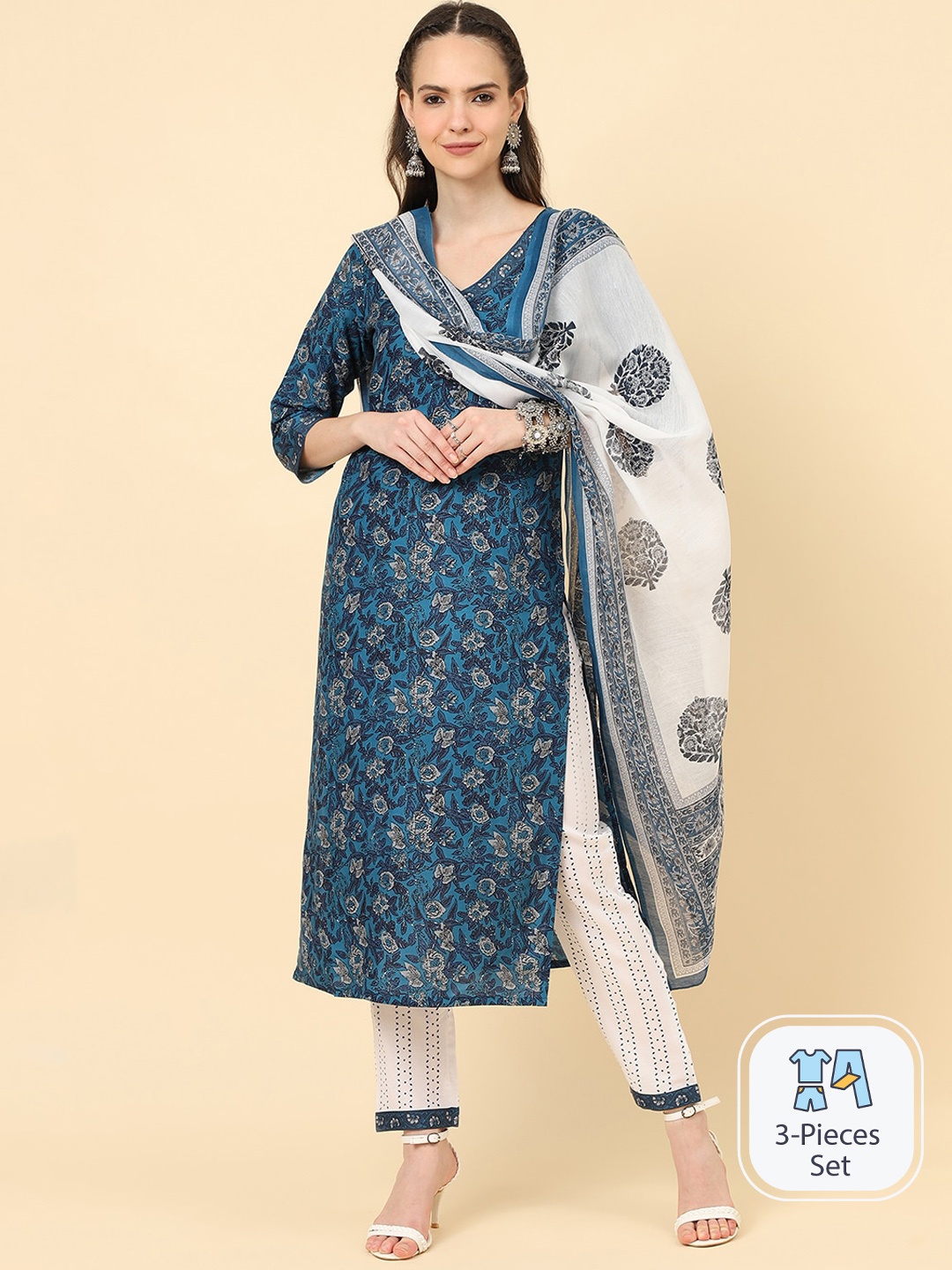 

KALINI Floral Printed Regular Kurta With Trousers & Dupatta, Navy blue