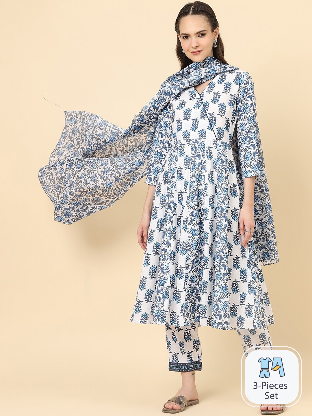

KALINI Floral Printed V-Neck A-Line Panelled Kurta with Trousers & Dupatta, White