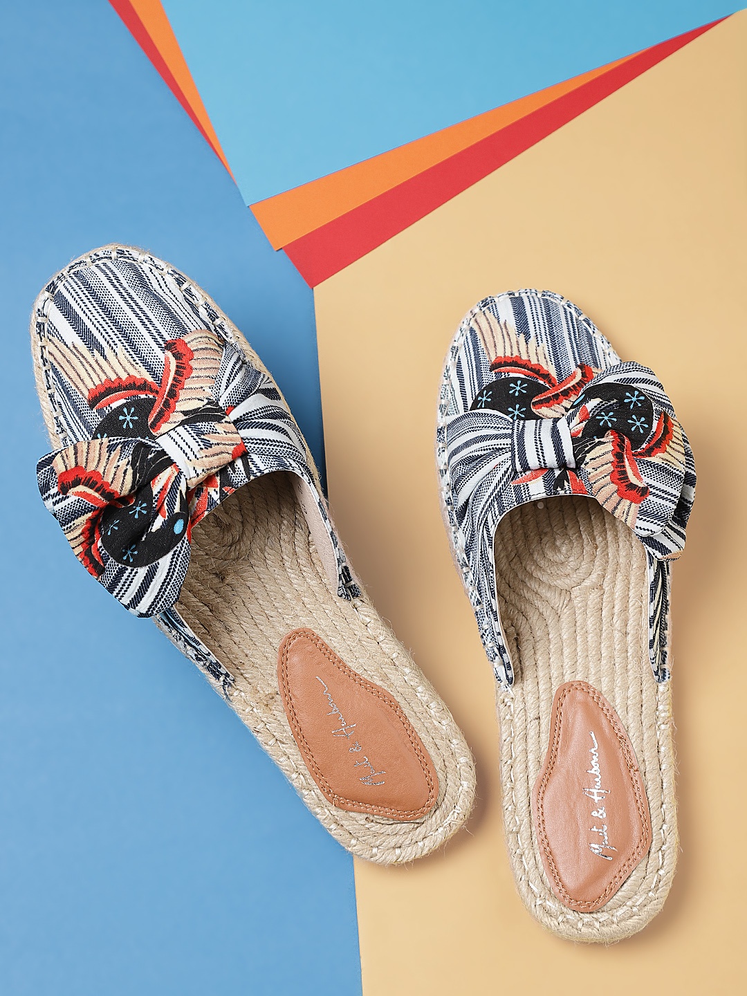

Mast & Harbour Women Navy & Off-White Striped Espadrille Mules with Bow Detail, Navy blue