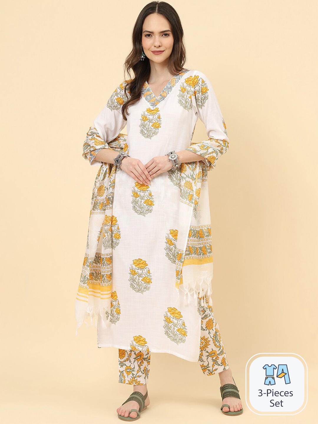 

KALINI Floral Printed Straight Kurta With Trousers & Dupatta, White