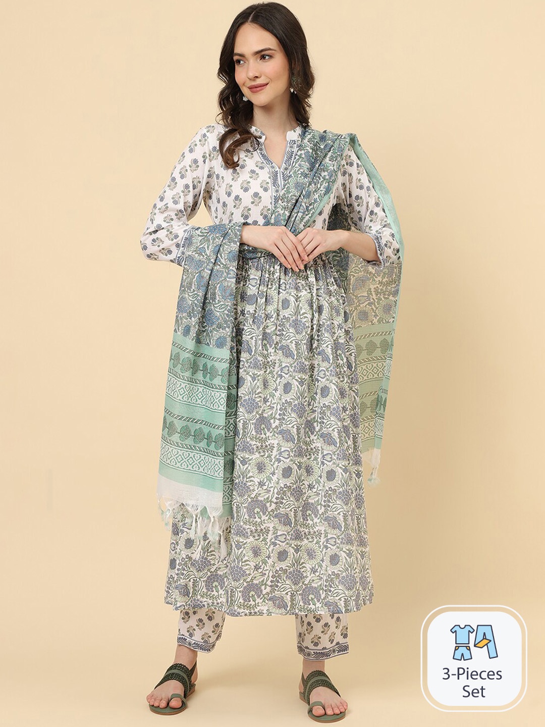 

KALINI Floral Printed Anarkali Kurta With Trousers & Dupatta, White