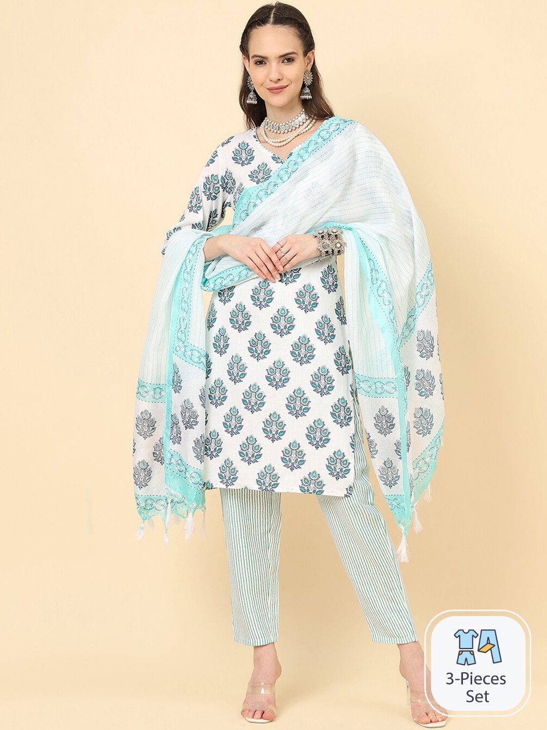 

KALINI Ethnic Motif Printed Regular Kurta With Trousers & Dupatta, White