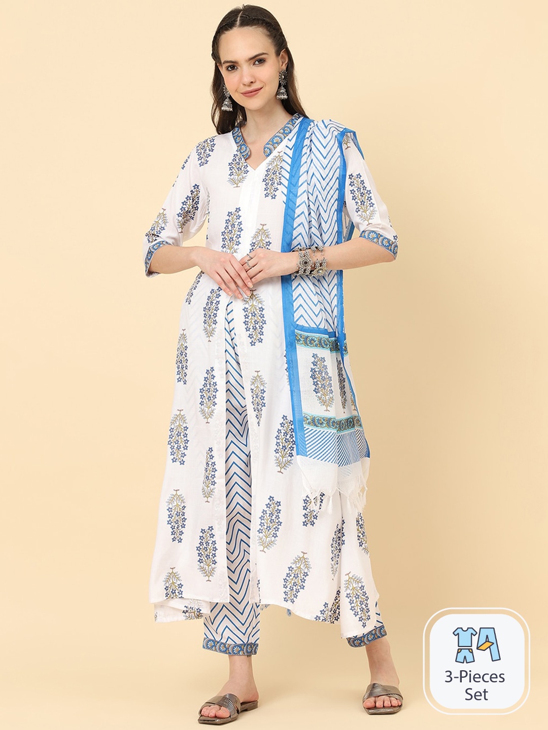

KALINI Ethnic Motifs Printed Mandarin Collar Kurta with Trousers & Dupatta, White