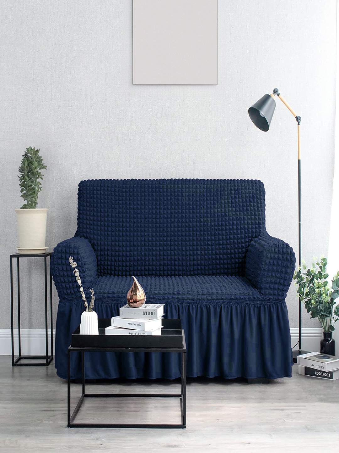 

Cortina Navy Blue Stretchable 3-Seater Ruffle Sofa Cover With Skirt