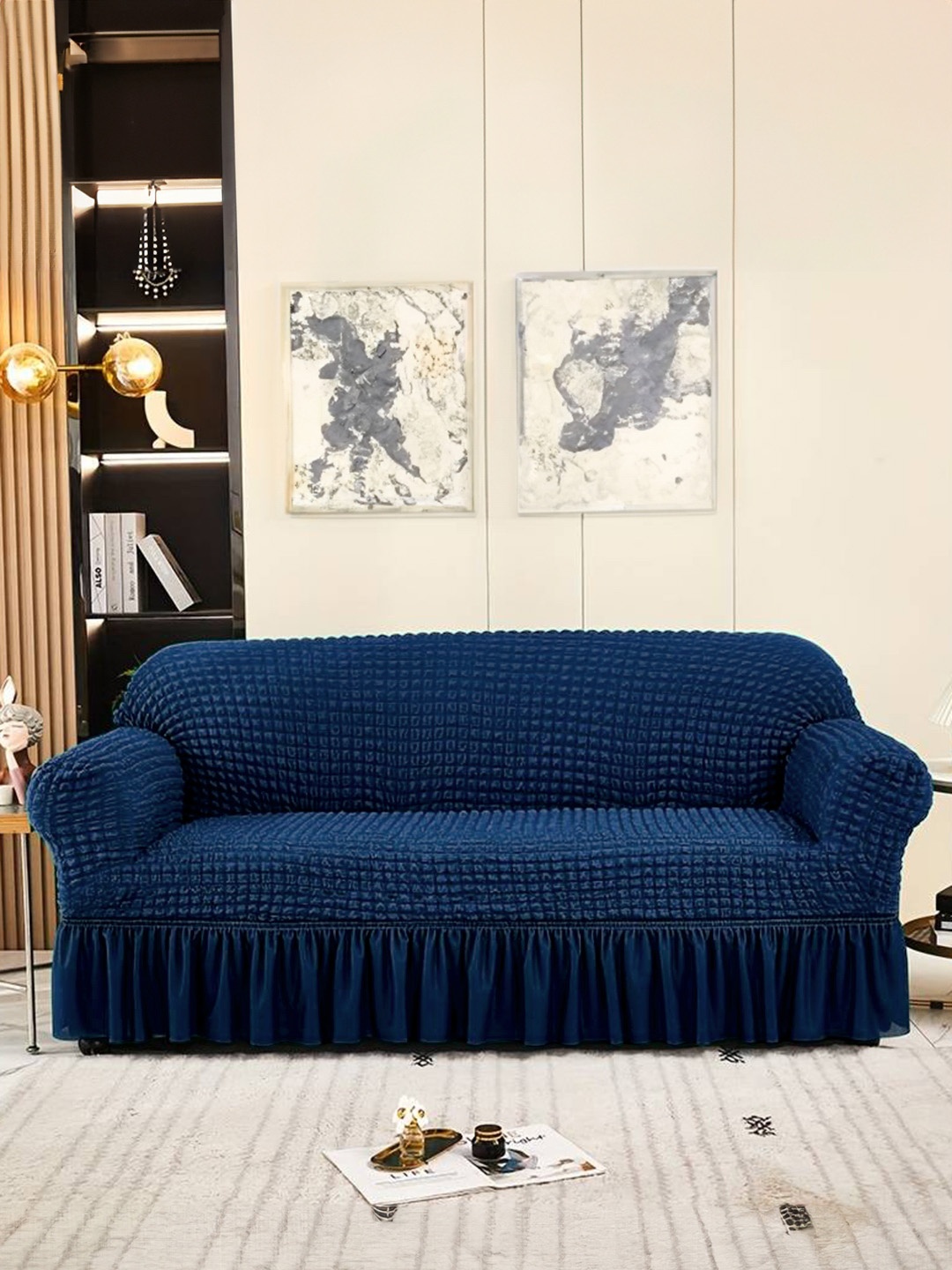 

Cortina Navy Blue Self Design Stretchable 3-Seater Sofa Cover With Skirt
