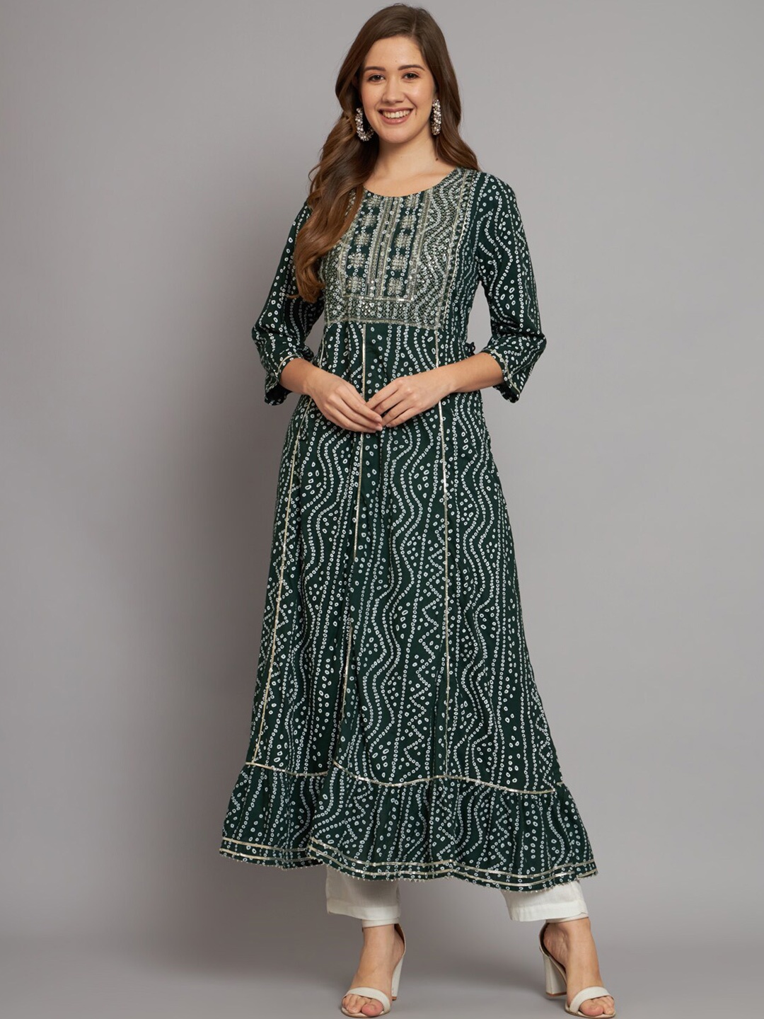 

Miramaar Bandhani Printed Round Neck Sequinned Anarkali Kurta, Green
