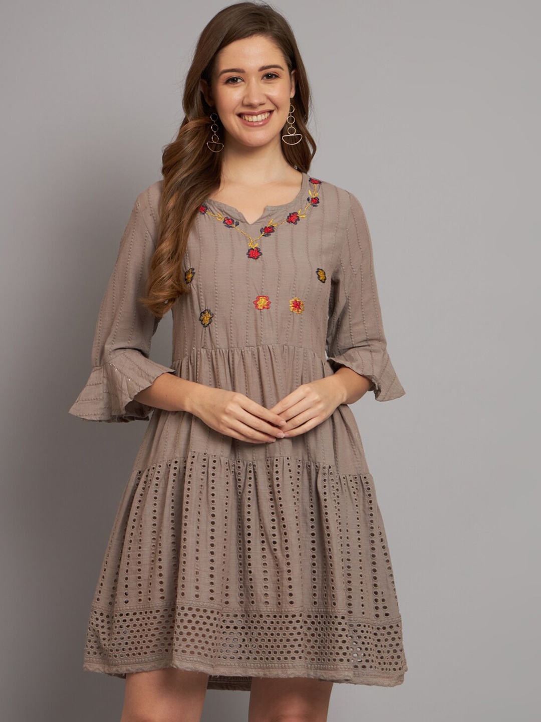 

Miramaar Self Design Round Neck Embroidered Schiffli Cotton A-Line Dress, Grey