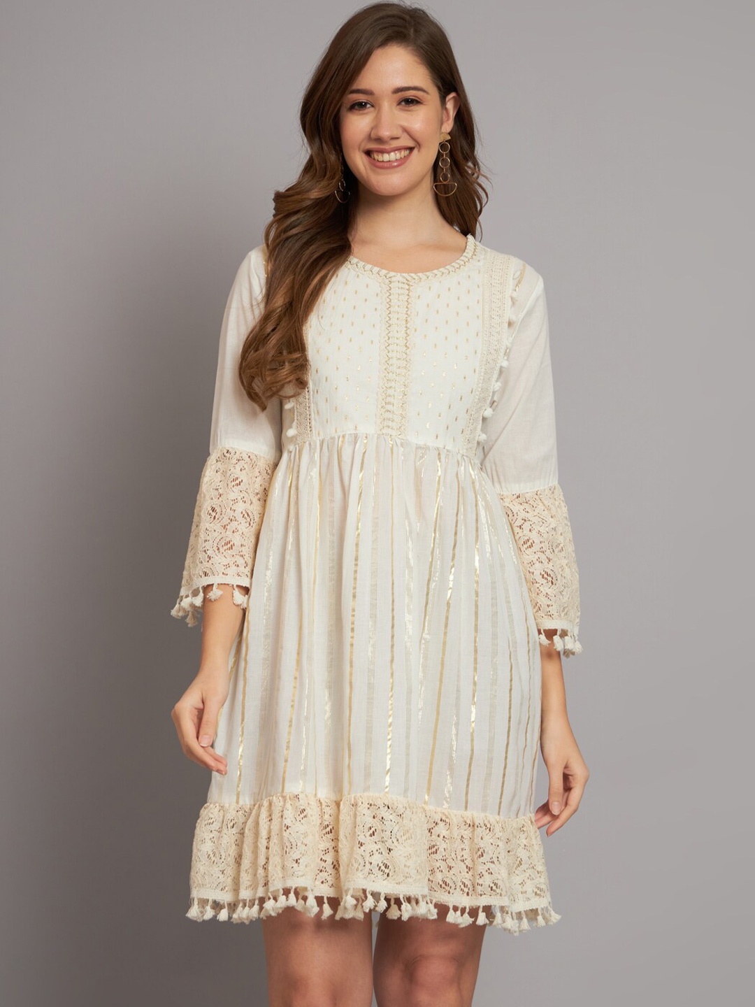 

Miramaar Self Design Round Neck Bell Sleeve Lace-Up A-Line Dress, Cream