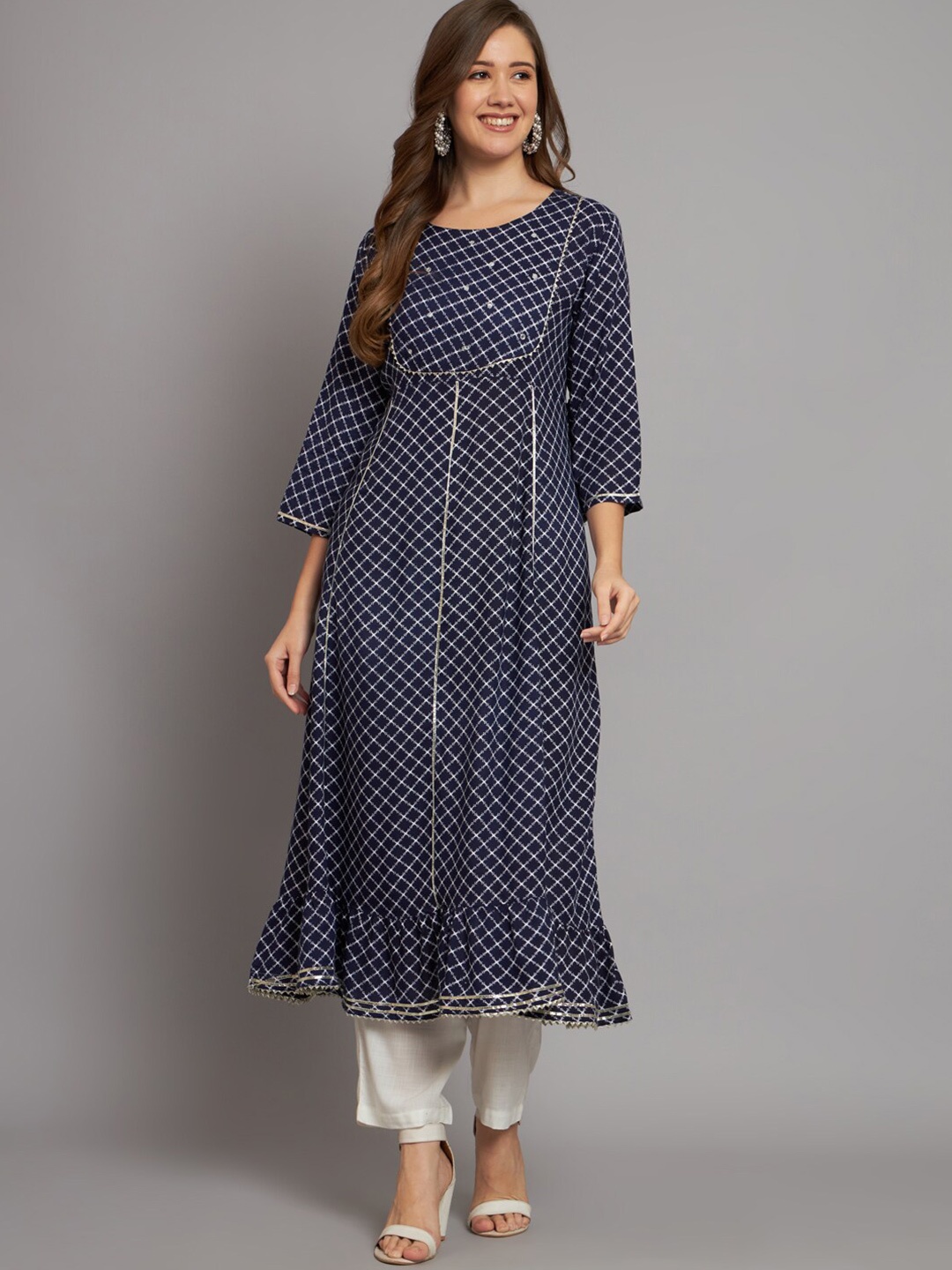 

Miramaar Checked Round Neck Mirror Work Anarkali Kurta, Navy blue