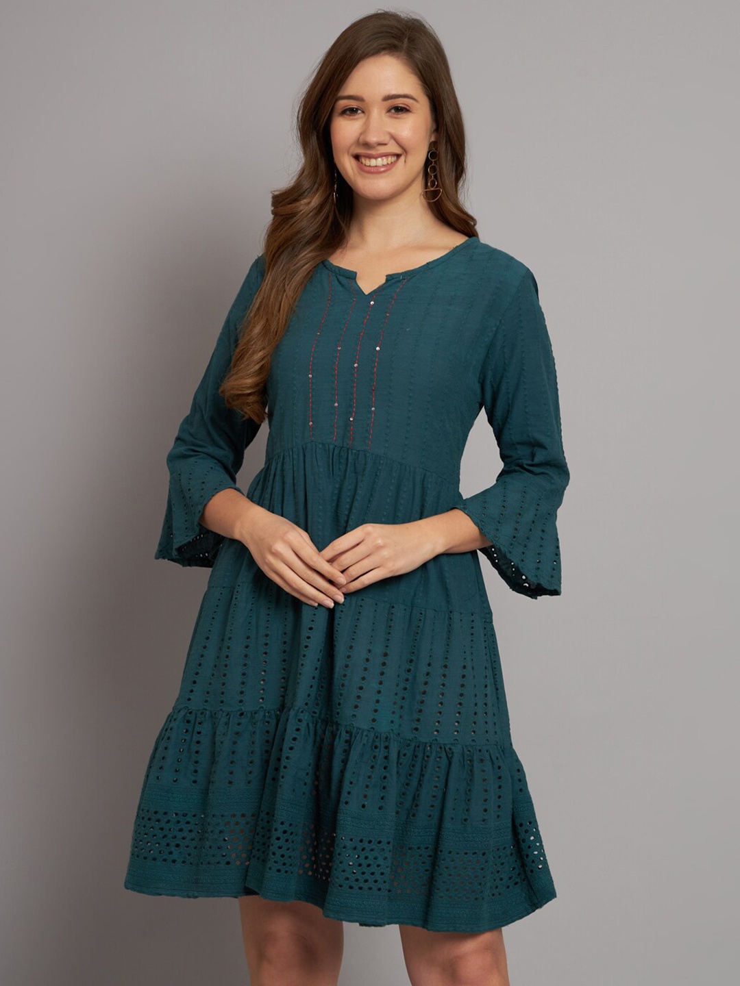 

Miramaar Self Design Round Neck Sequined Schiffli Cotton A-Line Dress, Green