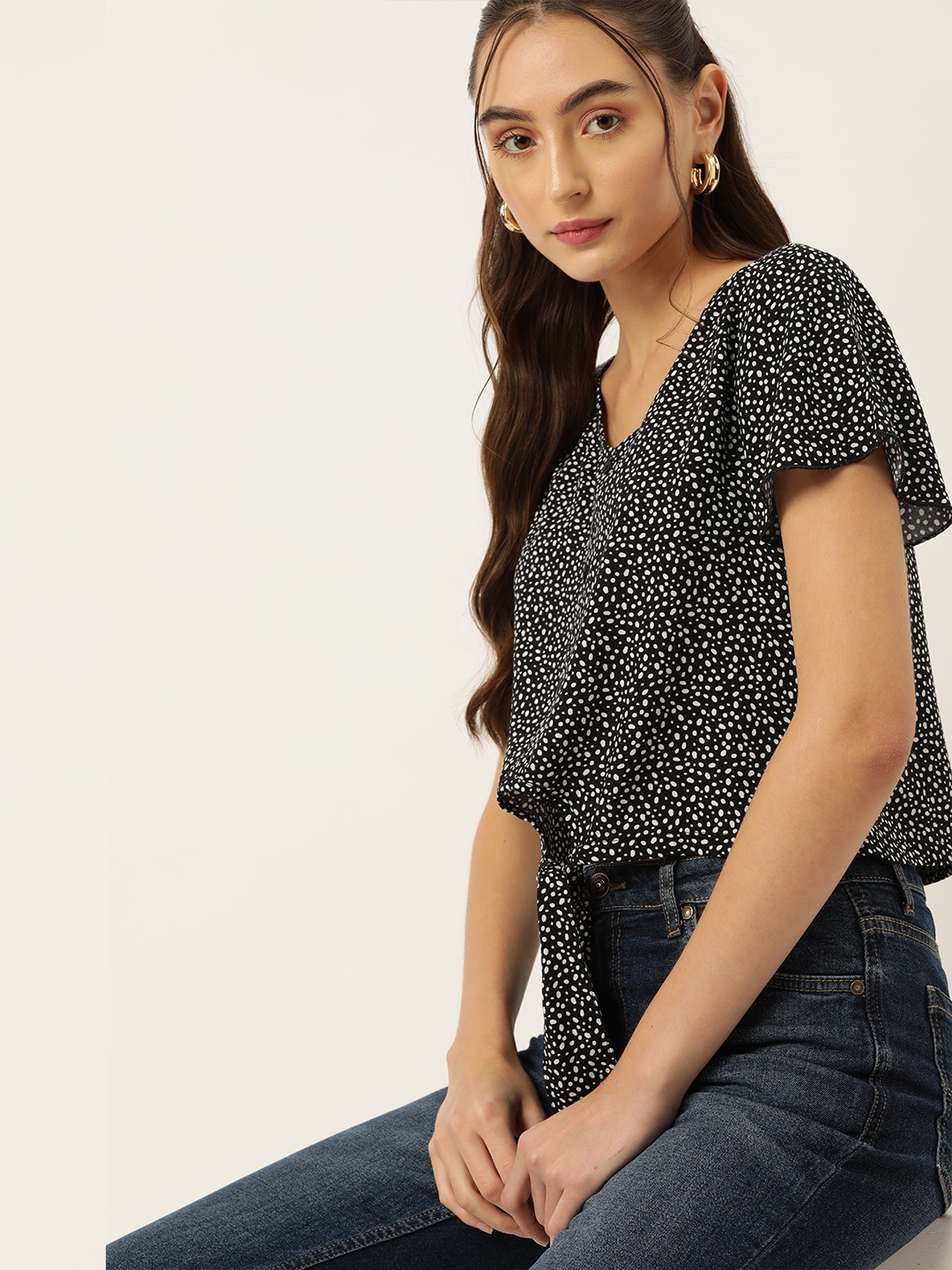 

DressBerry Polka Dot Print Crop Top, Black
