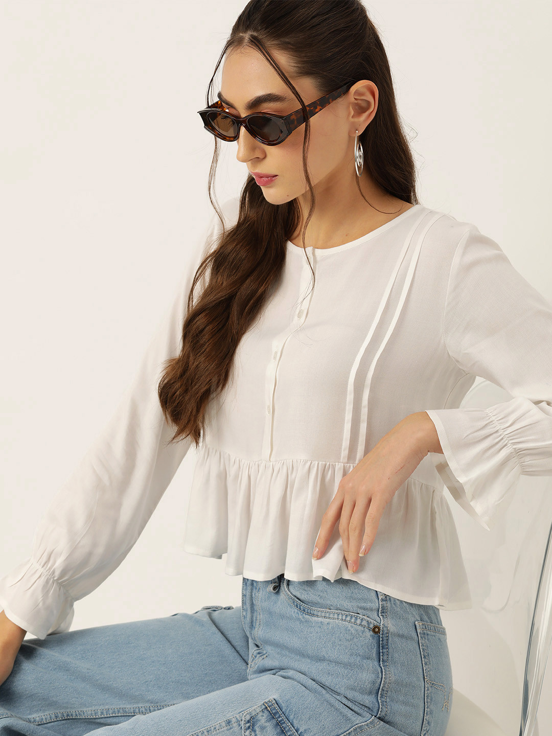 

DressBerry Puff Sleeve Peplum Crop Top, White