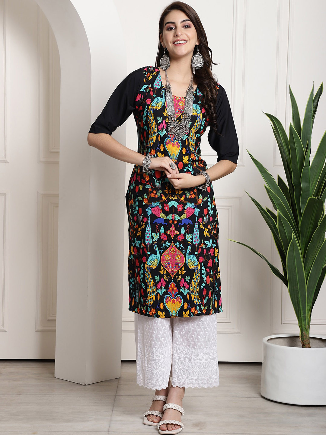 

7Threads Ethnic Motifs Printed A-Line Kurta, Black