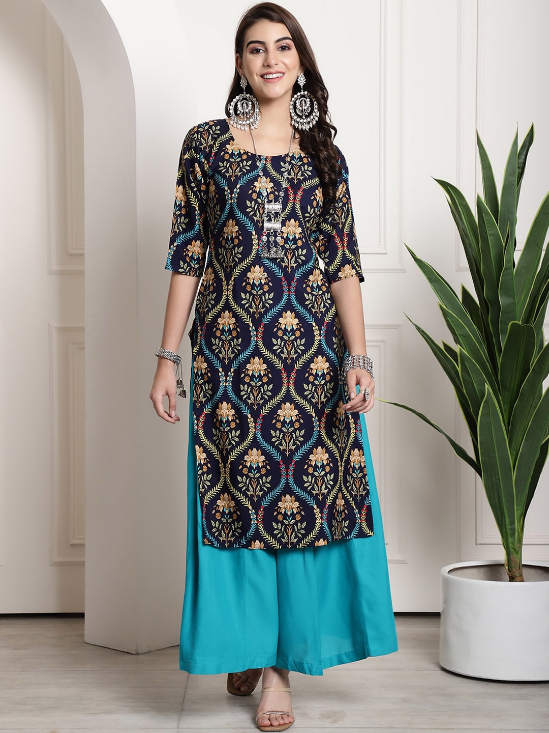 

7Threads Ethnic Motifs Printed Kurta, Navy blue