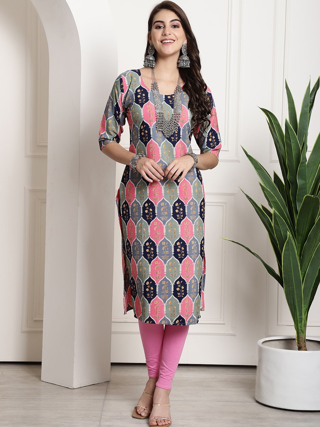 

7Threads Floral Printed Straight Kurta, Grey