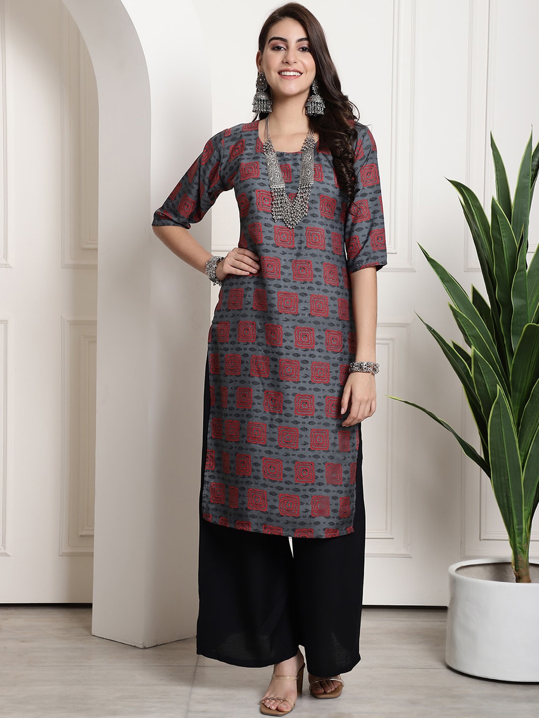 

7Threads Geometric Printed Straight Kurta, Red