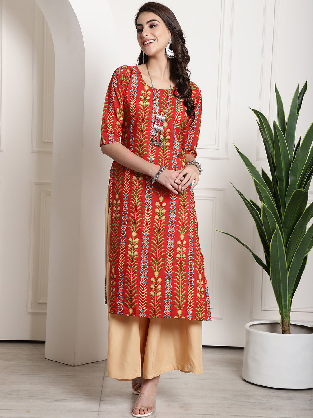

7Threads Ethnic Motifs Printed Kurta, Orange