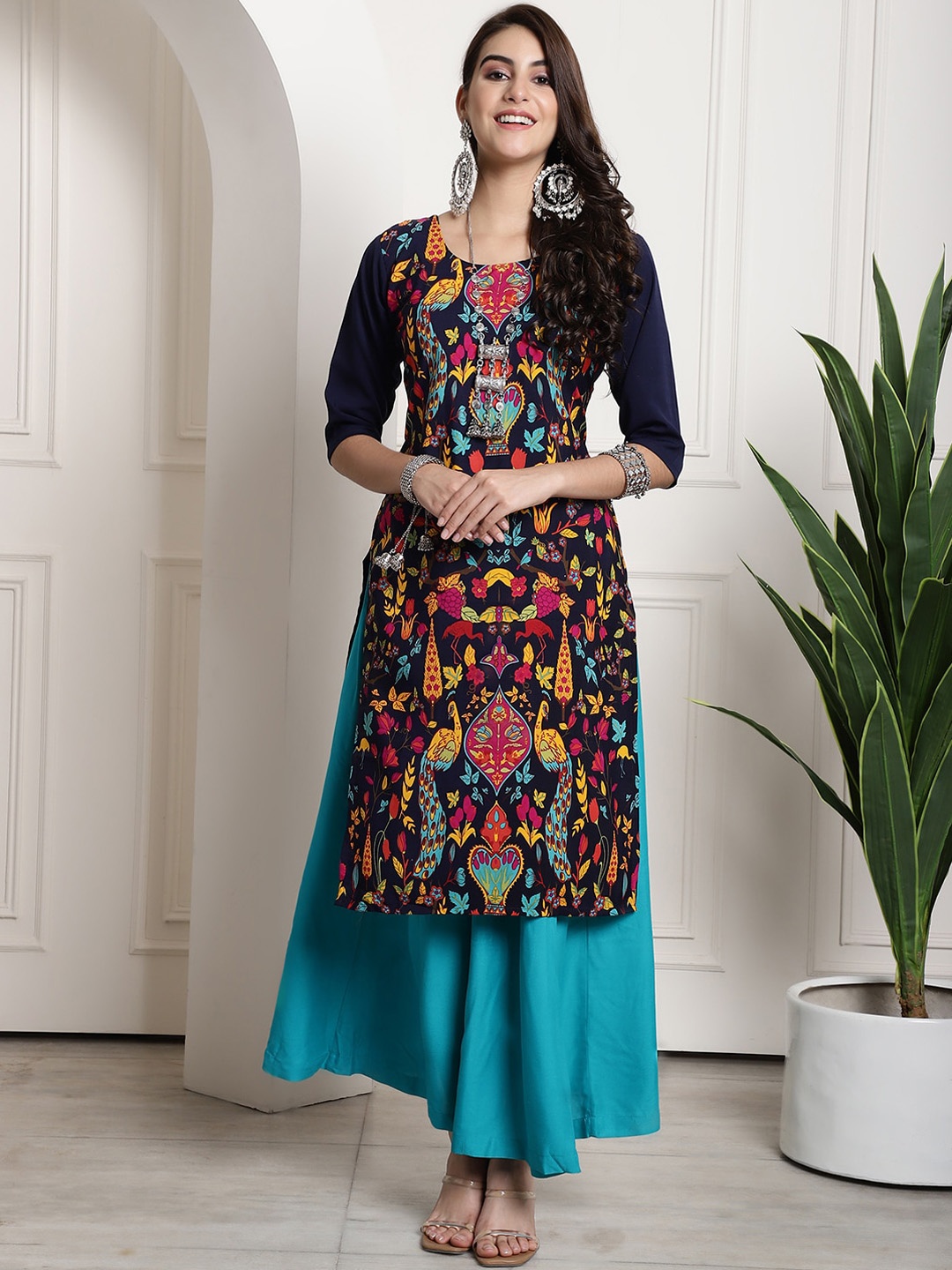 7Threads Floral Printed Kurta, Navy blue