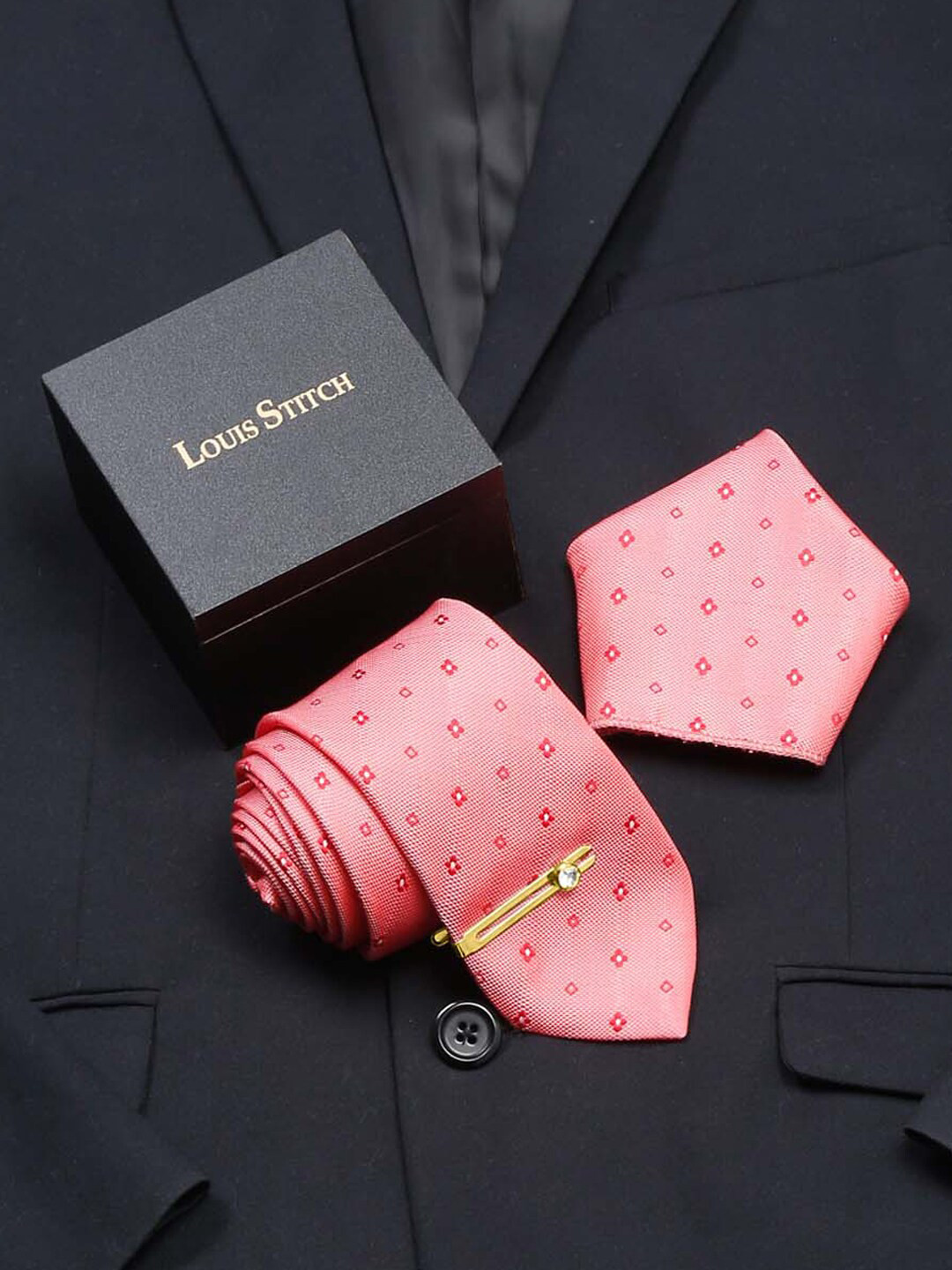 

LOUIS STITCH Men Printed Italian Silk Necktie Accessory Gift Set, Peach