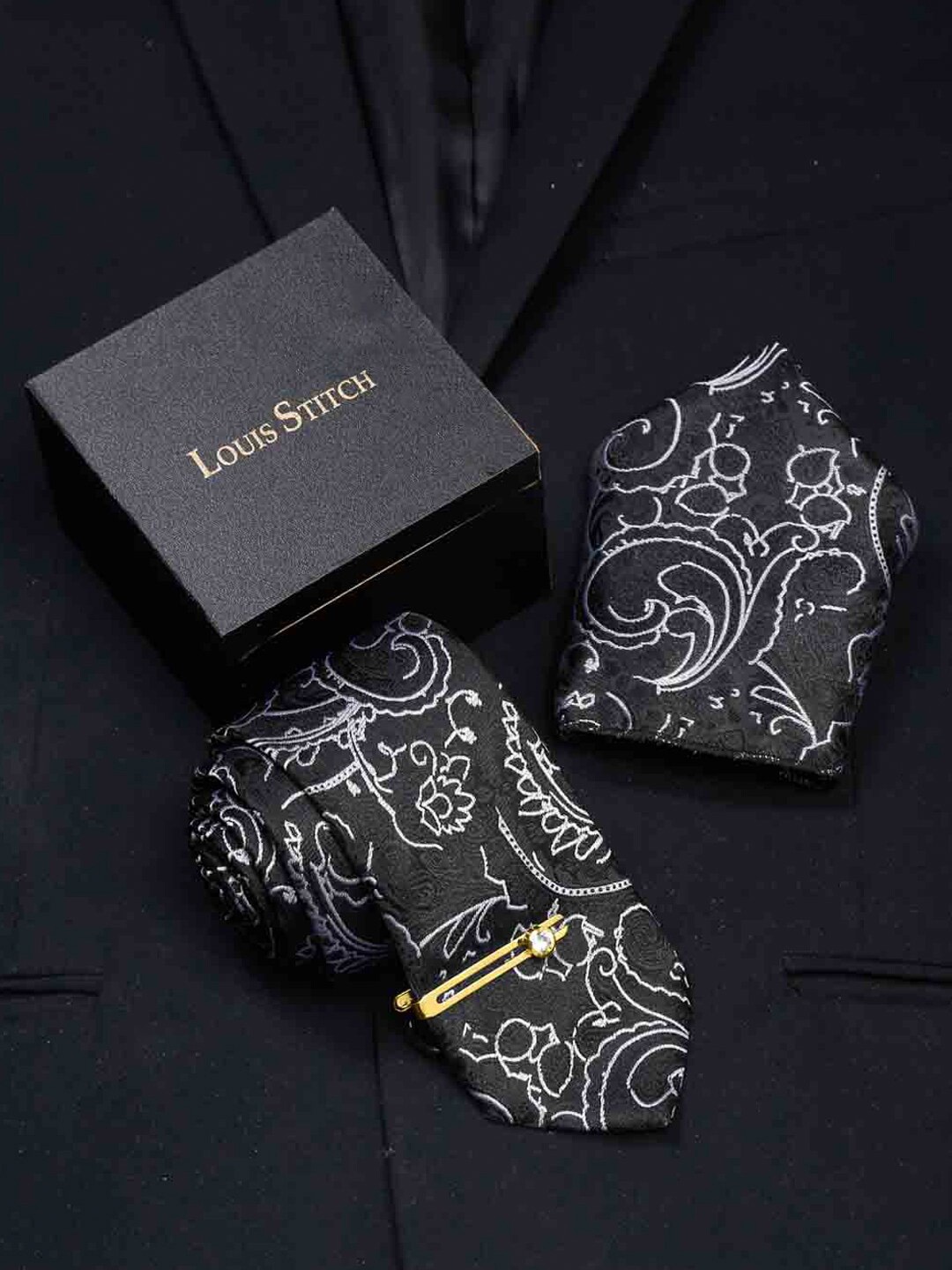 

LOUIS STITCH Men Printed Italian Silk Necktie Accessory Gift Set, Black