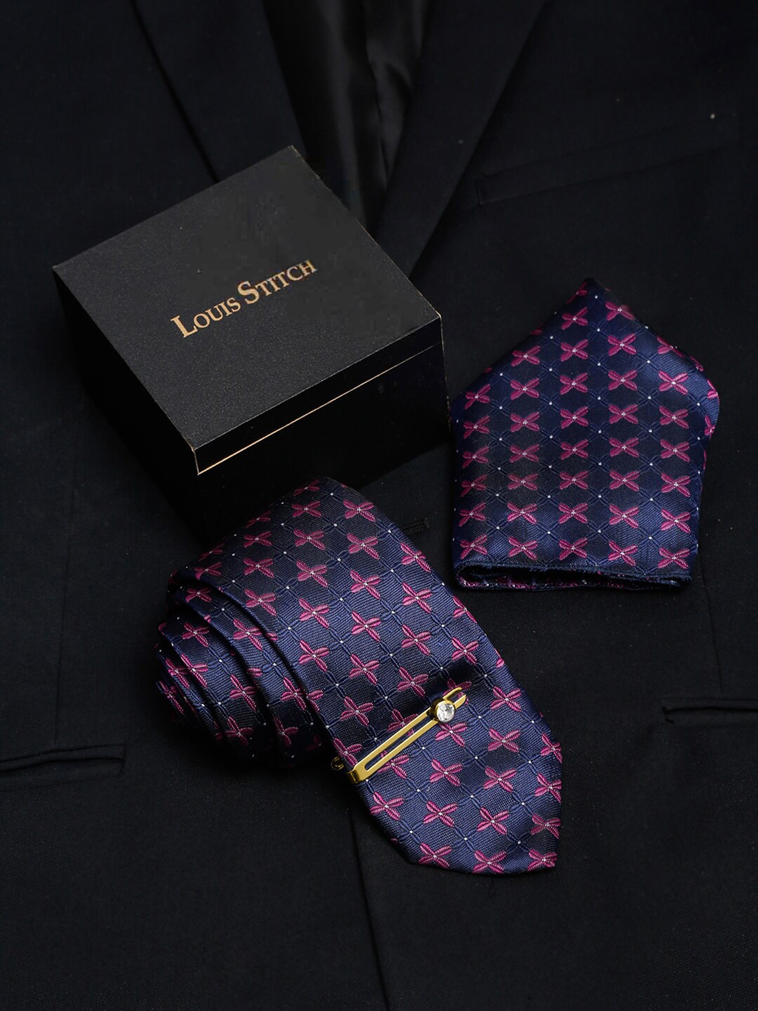 

LOUIS STITCH Men Printed Italian Silk Necktie Accessory Gift Set, Blue