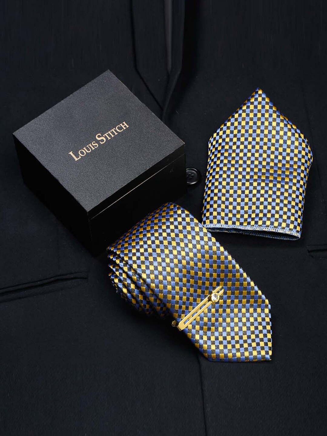 

LOUIS STITCH Men Printed Italian Silk Necktie Accessory Gift Set, Yellow