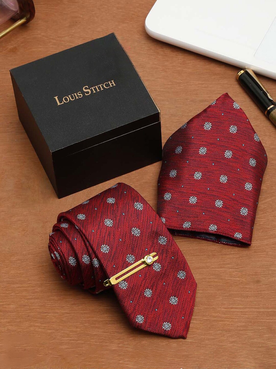 

LOUIS STITCH Men Printed Italian Silk Necktie Accessory Gift Set, Maroon