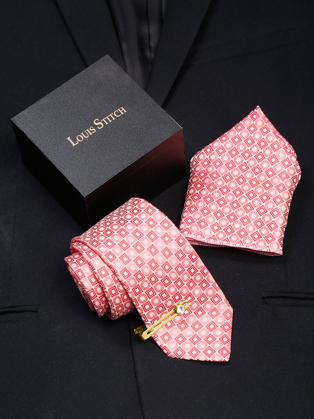 

LOUIS STITCH Men Italian Silk Tie and Pocket Square With Tie Pin, Peach