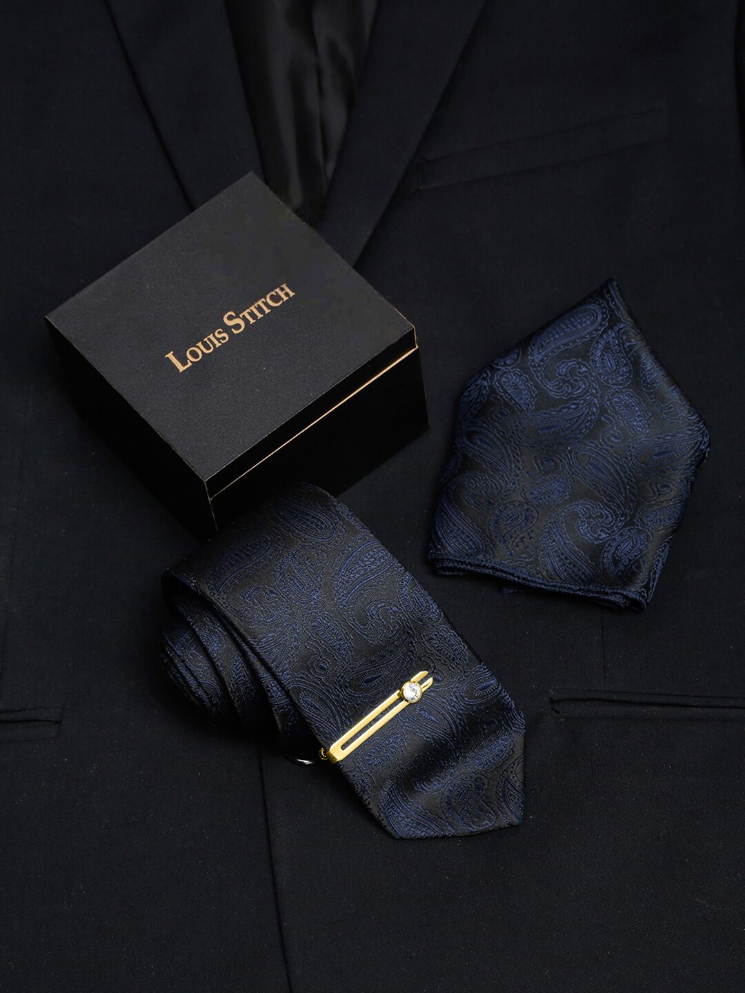 

LOUIS STITCH Men Aegean Silk Tie and Pocket Square With Tie Pin, Blue