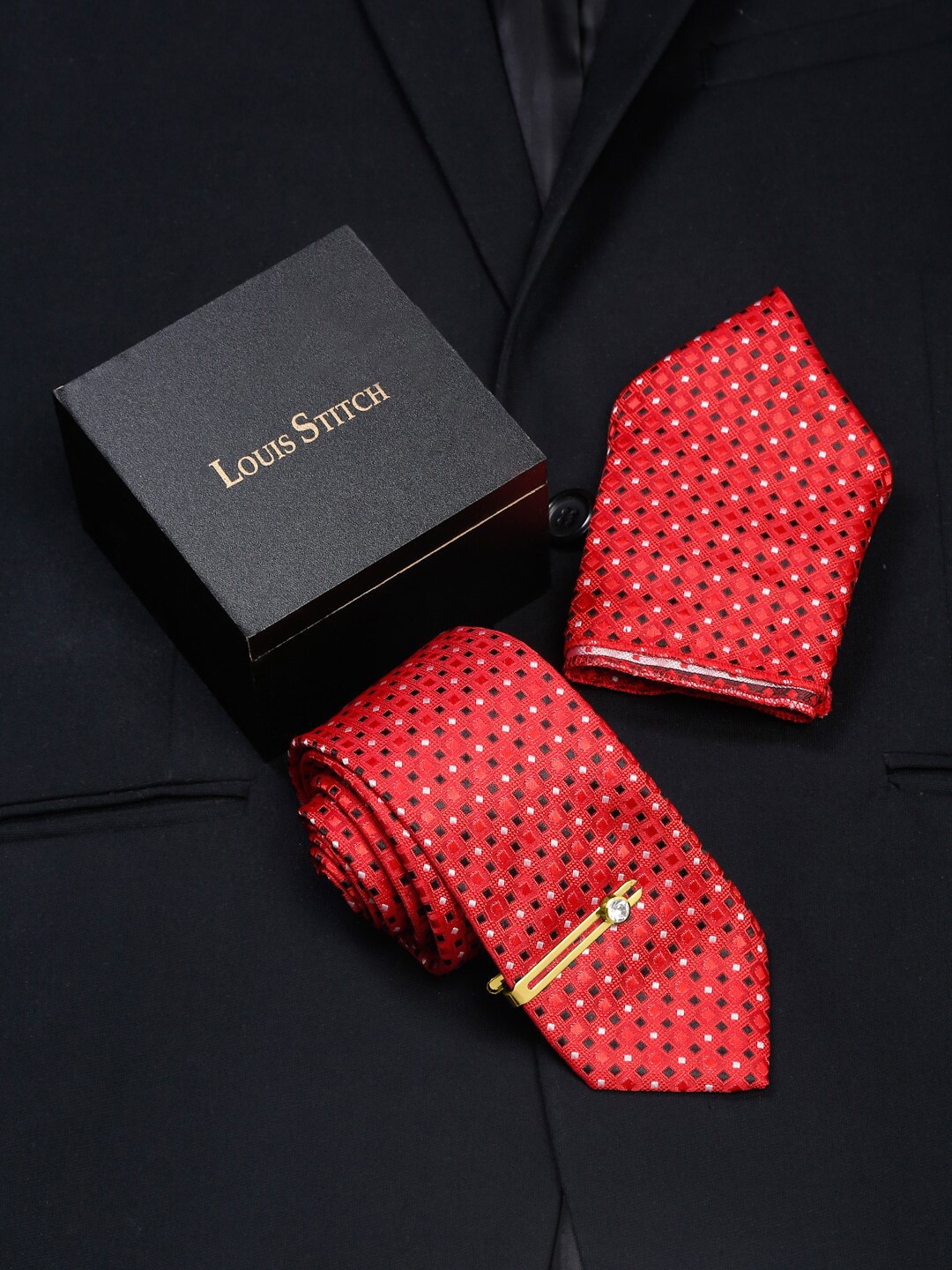 

LOUIS STITCH Men Aegean Silk Tie and Pocket Square With Tie Pin, Red